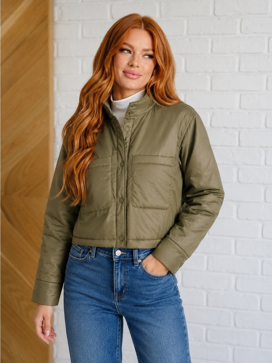 Only Jackets & Blazers - ONLY Olive Green Cropped Puffer Jacket | Lightweight Quilted Snap Front | Size M